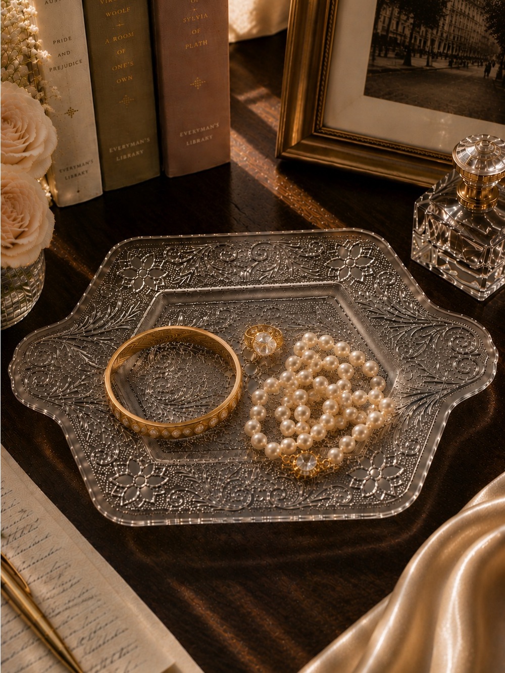 Vintage Decorative Clear Glass Vanity Tray with Intricate Etching Cottagecore